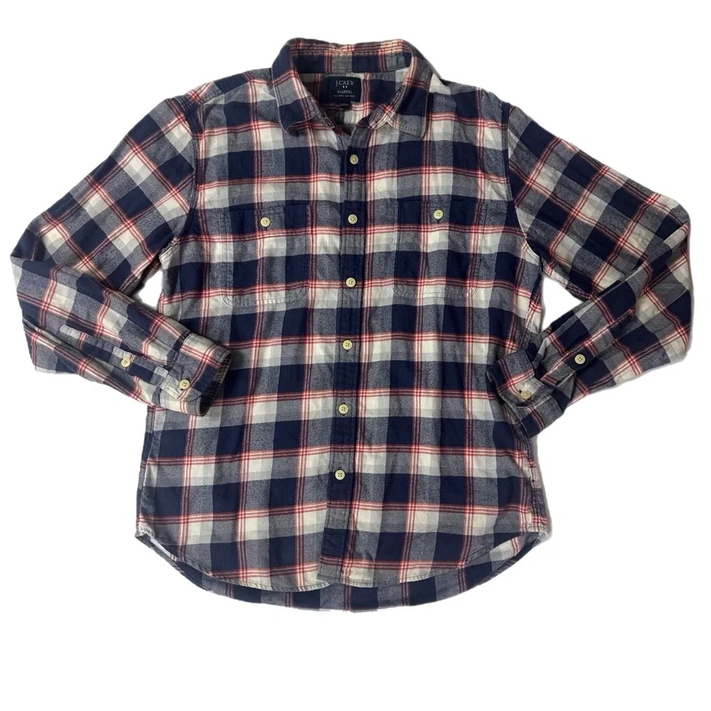 J. Crew Men's Navy and Red Plaid Button Down Flannel Shirt, L